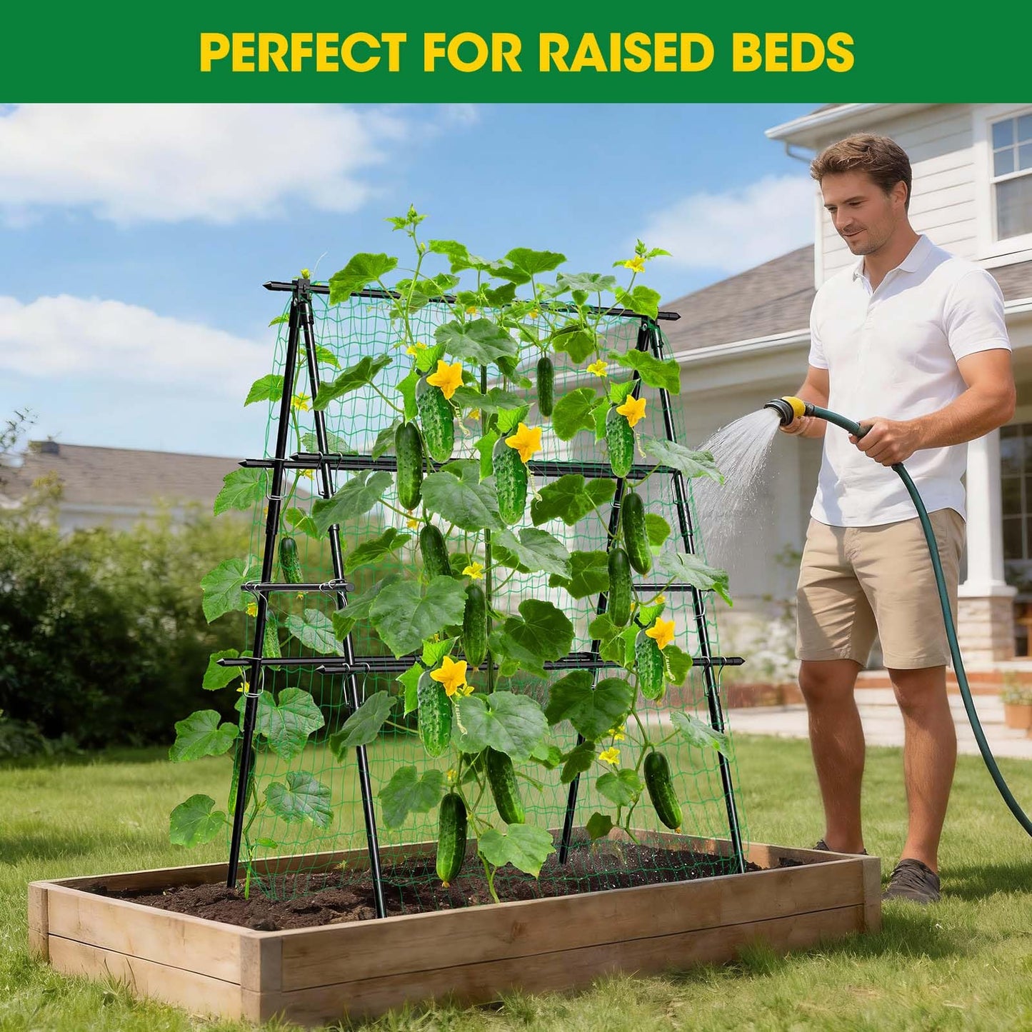 Cucumber Trellis, 31''X47'' A-Frame Cucumber Trellis for Raised Bed with Climbing Net, Metal Garden Trellis for Climbing Plants for Cucumber,Tomato, Grapes and Flowers