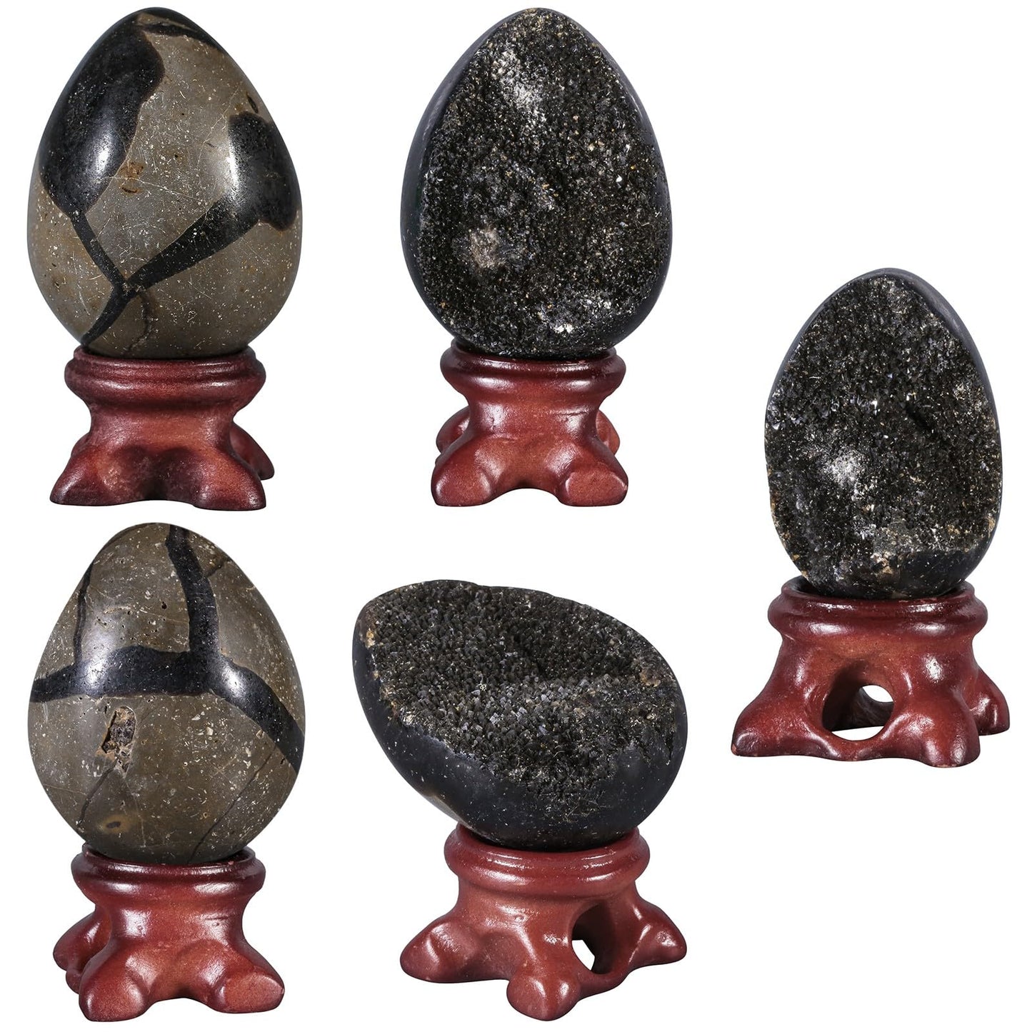 Sportmusies Natural Black Septarian Dragon Stone Geode Cluster Egg with Resin Stand, Decorative Crystal Cluster Egg Figurine for Home Reiki Healing Meditation, 1.57-2.28 inches