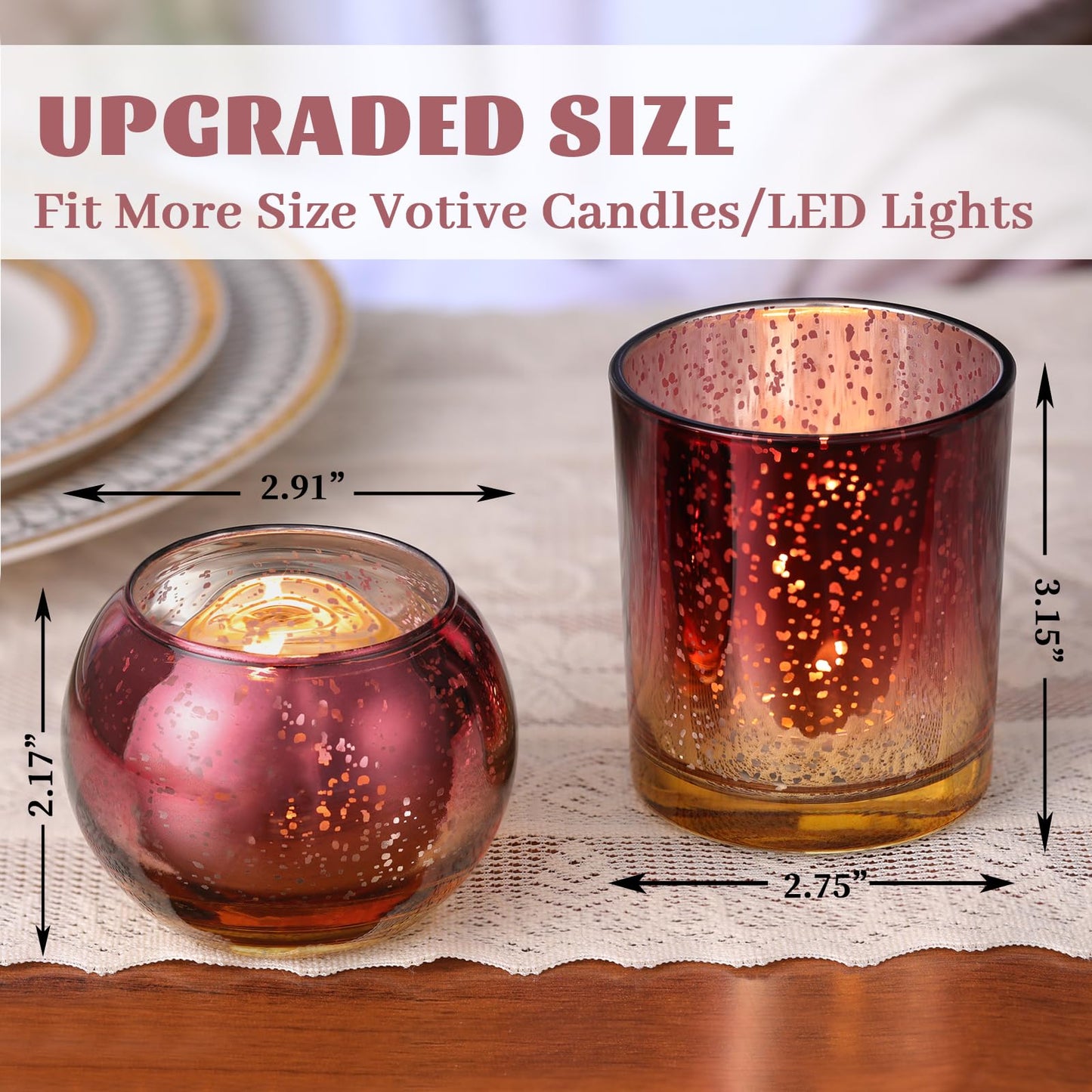 Volens 30pcs Assorted Burgundy Votive Candle Holders Bulk, Large Mercury Glass Votive for Wedding Table Centerpieces, Burgundy and Gold Themed Party Decorations and Home Decor