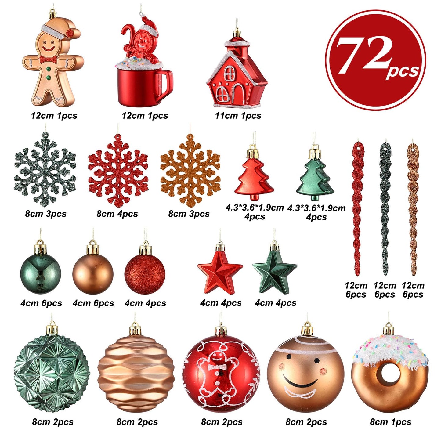 Gingerbread Man Christmas Tree Ball Ornaments Set - 72 ct Red Green Copper Gold Plastic Shatterproof Hanging Ornaments for Xmas Tree Indoor Outdoor Holiday Party Decorations