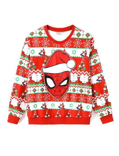 Marvel Family Sweatshirt Tops, Spider-Man Christmas Print Long Sleeve Casual Style Winter Pullover, Holiday Look Women Regular Fit, Red Sizes Medium