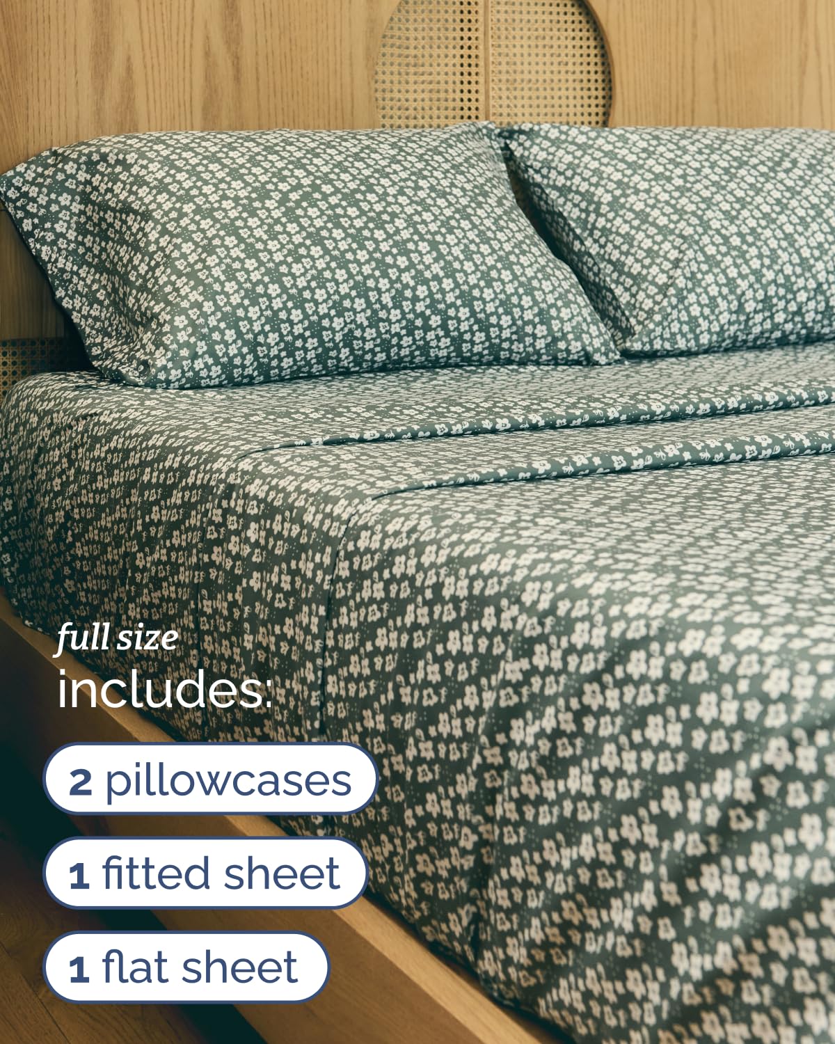 Floral Sheets - Green Floral Bed Sheet Set - 1 Flat, 1 Fitted & 2 Pillowcases w/ Deep Pockets - Comfy, Wrinkle & Fade-Free - Boho Botanical Bedding - Ultra-Soft, Breathable & Cooling - Full Size Set