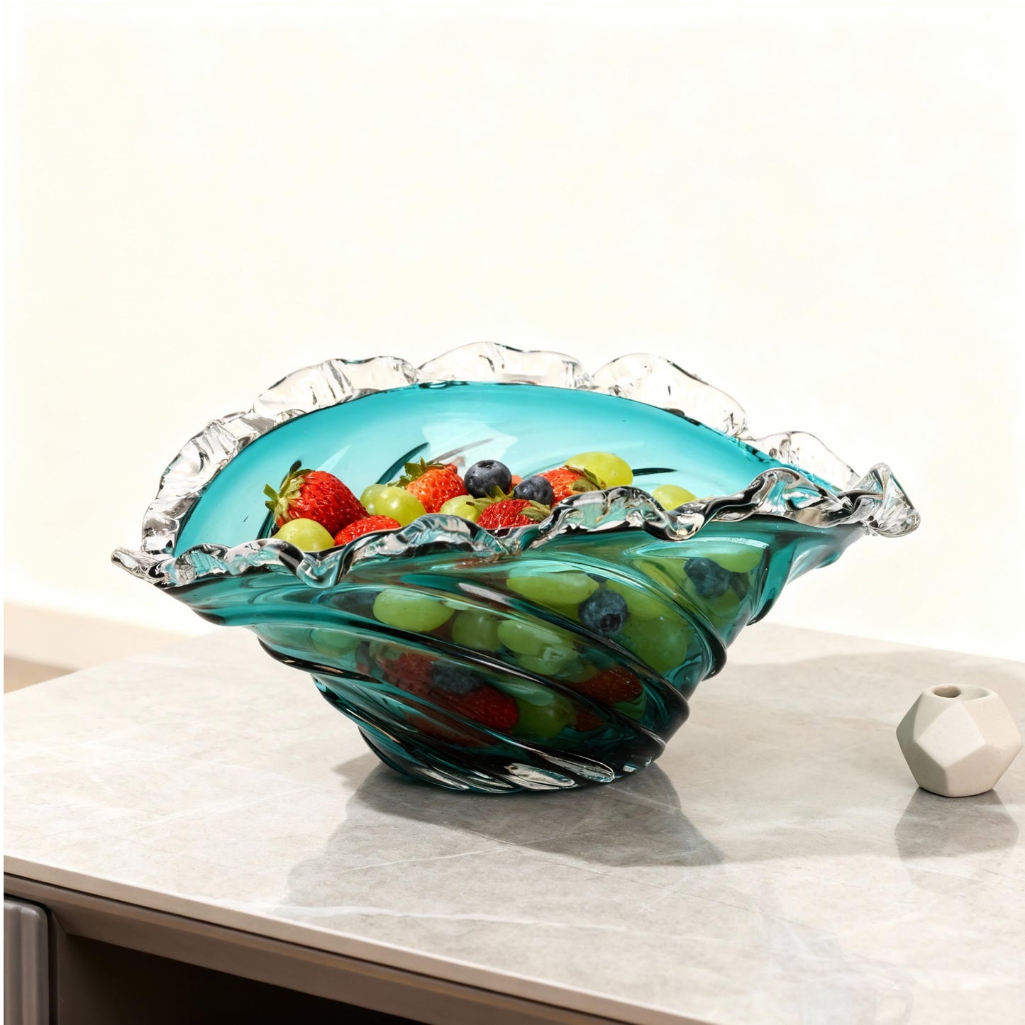 suruim Hand Blown Blue Ocean Wave Crystal Glass Bowl - Large Glass Bowl Decorative Sea Glass Fruit Bowls Art for Coastal & Modern Home Office Centerpiece