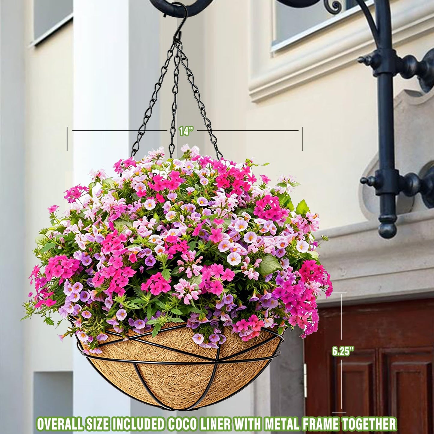 Karlliu 4 Pack 14 Inch Hanging Baskets for Plants Outdoor Large Flower Planters with Coco Liner for Outside Panting Watering Plant Pot Holder for Home Garden Porch Balcony Railings Decor