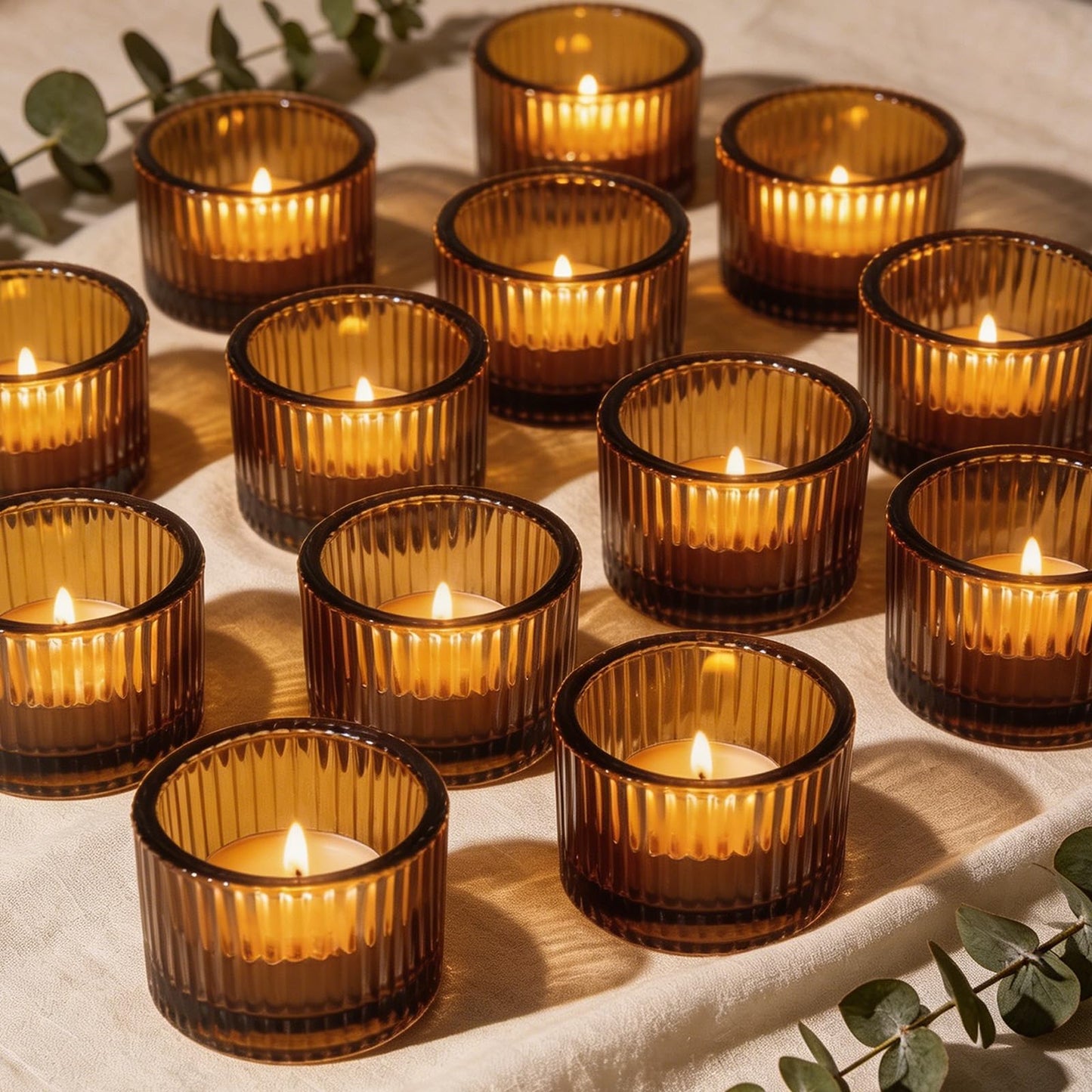 Amber Glass Votive Candle Holders 12 Pack, Small Glass Cups for Tea Lights, Wedding Centerpieces, Table Decorations, Home Decor, Party Favors, Bulk Set of 12