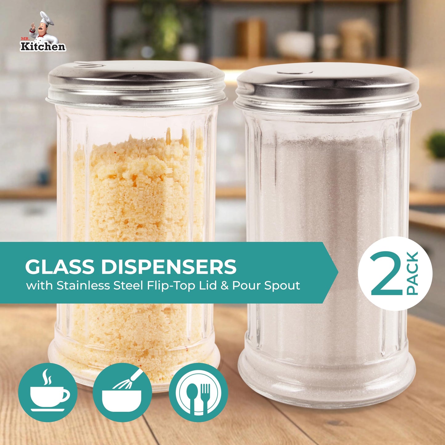 2 Pack Salt Sugar Shaker dispenser - Powder Sugar Dispenser Canisters - Glass Sugar Container with lid - Spice, Cinnamon, Baking Soda, Pourer Bottle Jar holder for Coffee Bar or Kitchen Countertop