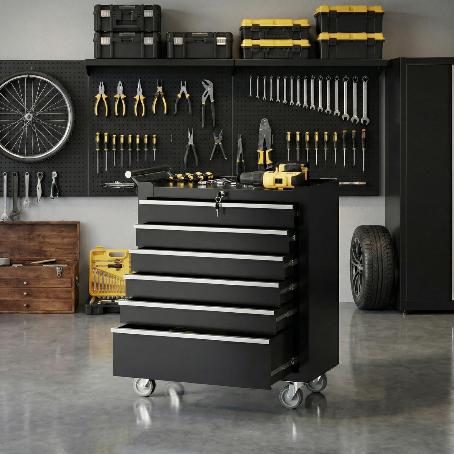 IDEALHOUSE Rolling Tool Chest, 6 Drawers Tool Storage Cabinet, Toolbox with Wheels, Portable Tool Cabinet Organizer with Locking System & Drawer Liners, Tool Storage Cart for Garage, Workshop, Black