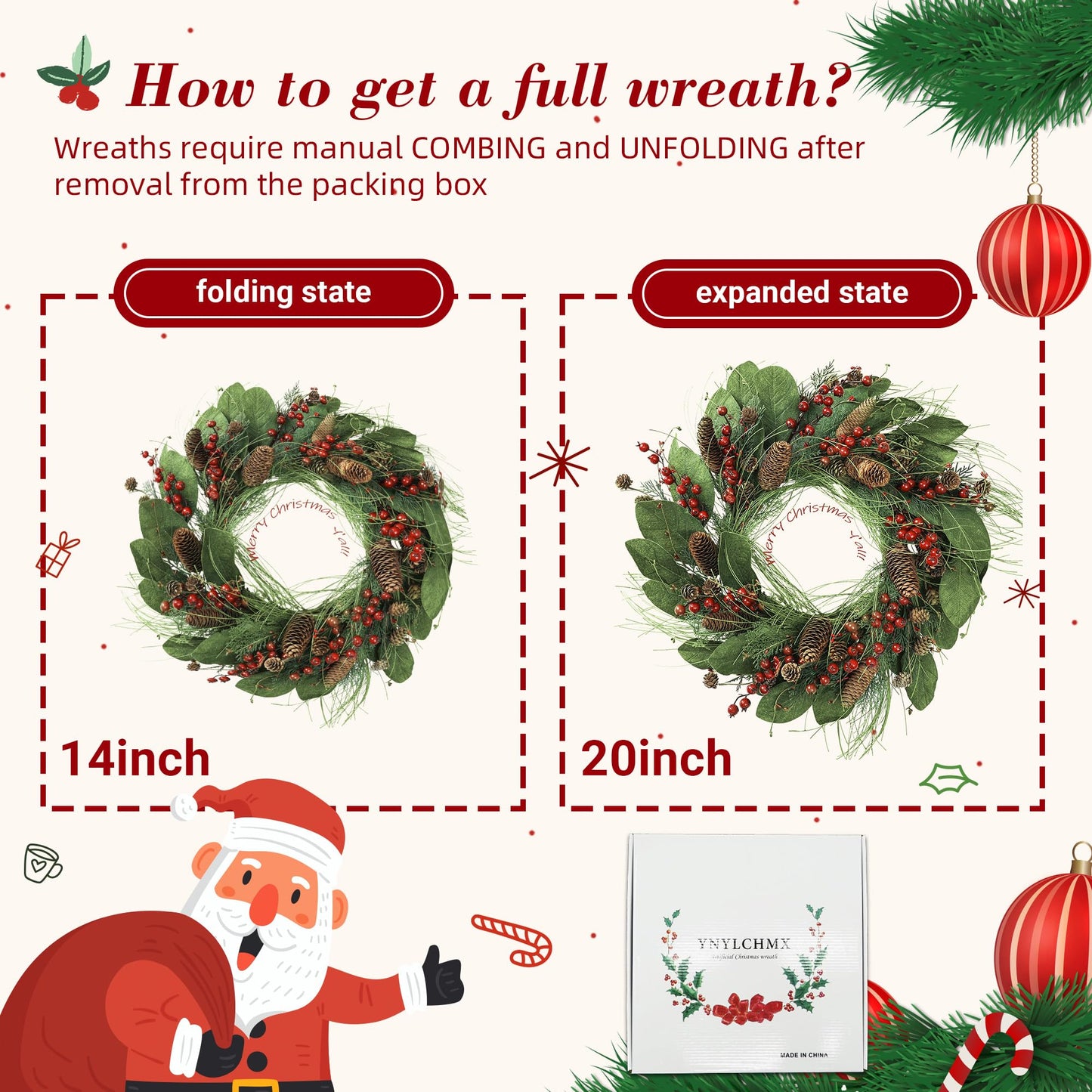 YNYLCHMX 20 Inch Winter Wreath for Front Door, Winter Wreaths with Magnolia Leaves Red Berries Pine Cones, Artificial Door Wreaths for Outdoor Indoor Farmhouse Windows Wall Holiday