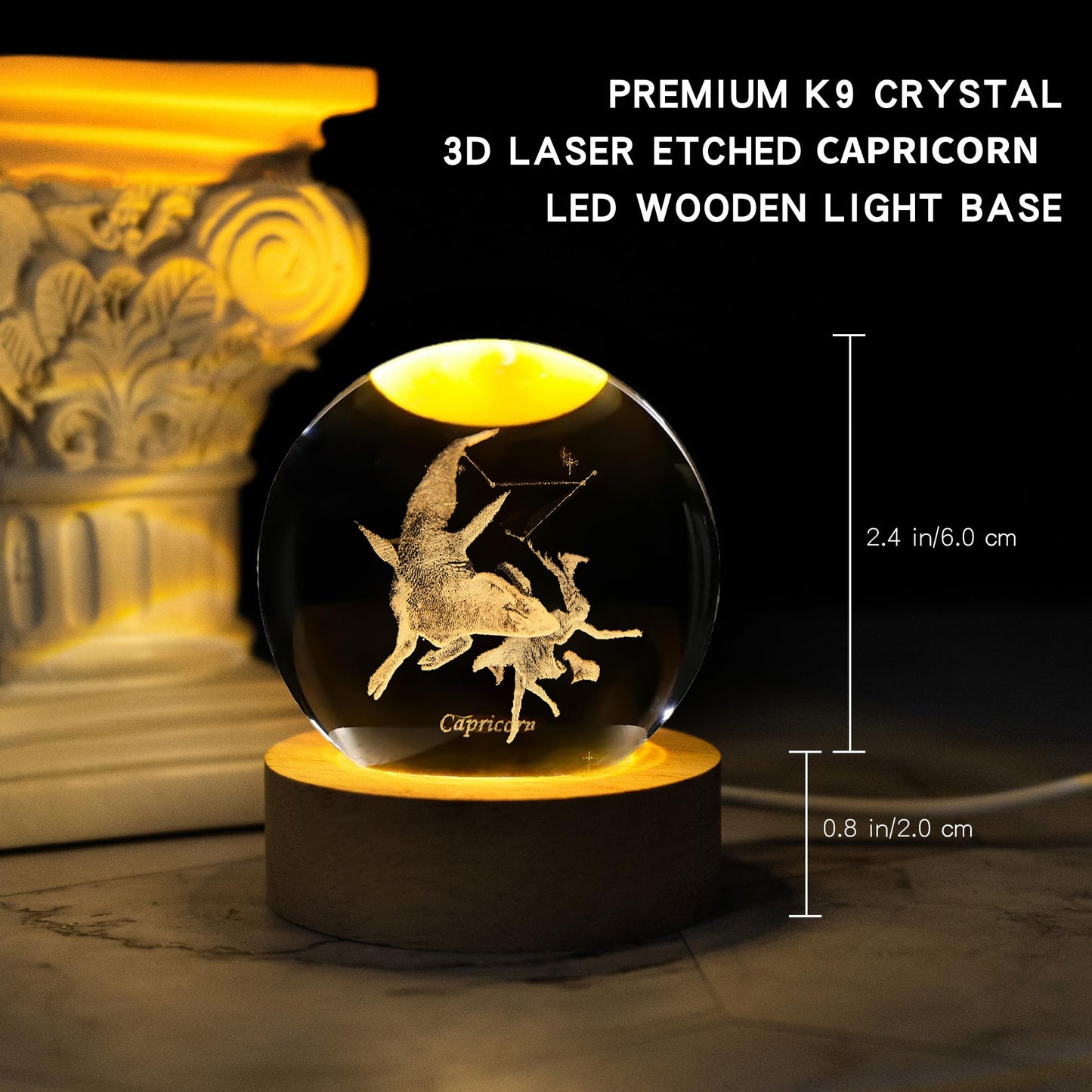 QIANCHANG Capricorn Constellation Crystal Ball with LED Light Stand, 60mm 3D Laser Etched Glass Sphere Decorative Balls, Zodiac Astrology Birthday Gifts for Women Kids