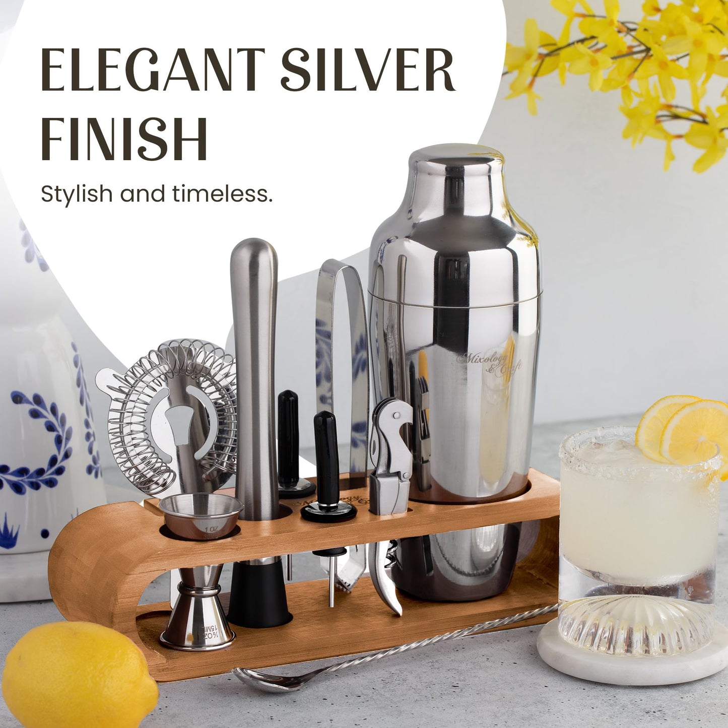 Mixology Cocktail Shaker Set - 10-Piece Cocktail Making Set - Home Bartender Kit in Bamboo Stand with Spoon, Boston Shaker, Other Tools for Drink Mixing, Martini, Mocktail - Gift Set (Silver)