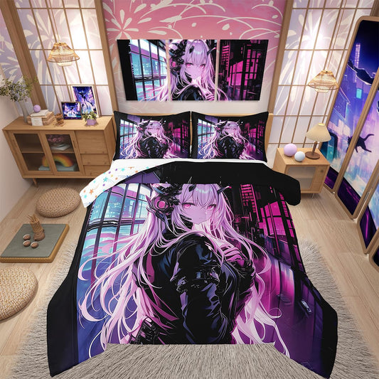 Erosebridal Japanese Anime Bedding Set Full Size, Anime Girl Comforter Set Kawaii Japanese Style Duvet Insert Cartoon Japan Animation Quilt for Boys Teens Adult Women Bedroom Decor
