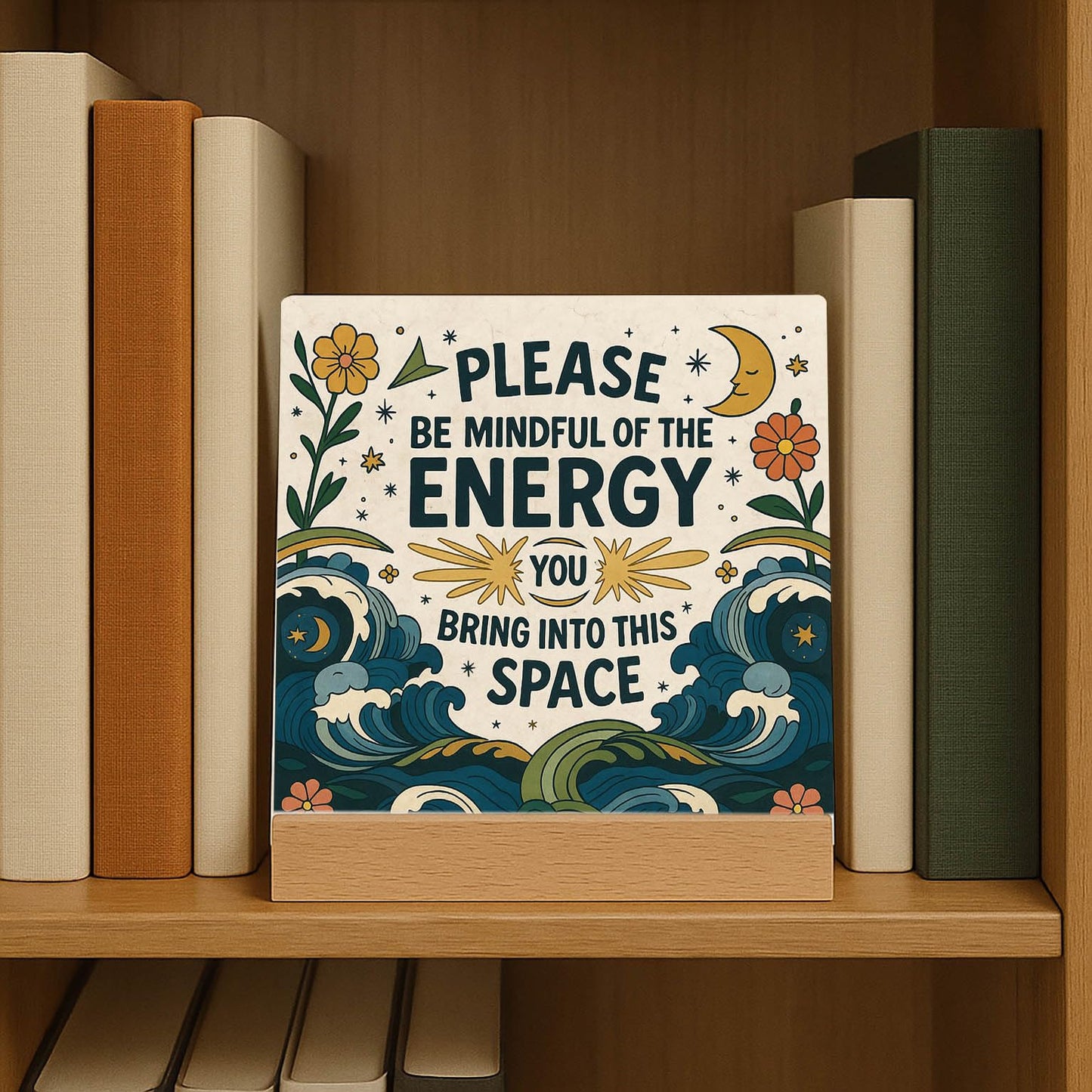 Meditation Room Spiritual Decor Positive Energy Desk Sign - Please Be Mindful of the Energy You Bring Into This Space Sign, Boho Decor for Home, Office, Yoga Room, Cafes