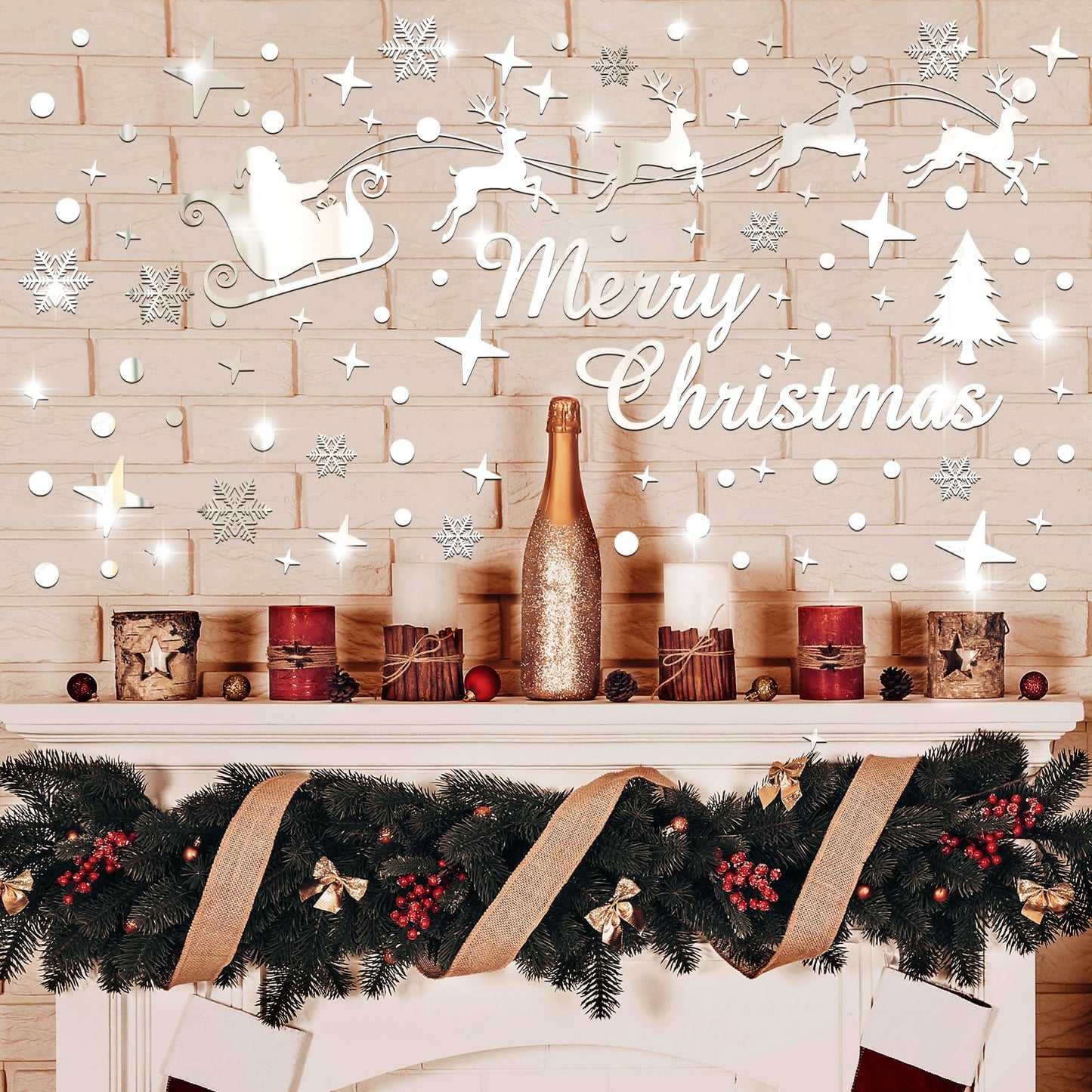 Christmas Mirror Decals Stickers Merry Christmas Santa Claus Reindeer Snowflakes Window Mirror Clings Xmas Acrylic Wall Art Decals Decor for DIY Holiday Winter Party Home Window Decor