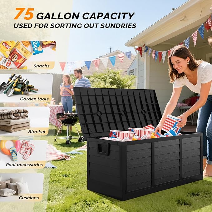 VINGLI 75 Gallon Collapsible Outdoor Storage Box, Simple-to-assemble Plastic Storage Containers with Lid, Patio Deck Box Furniture for Garden, Pool, Balcony, Yard (Full Black)