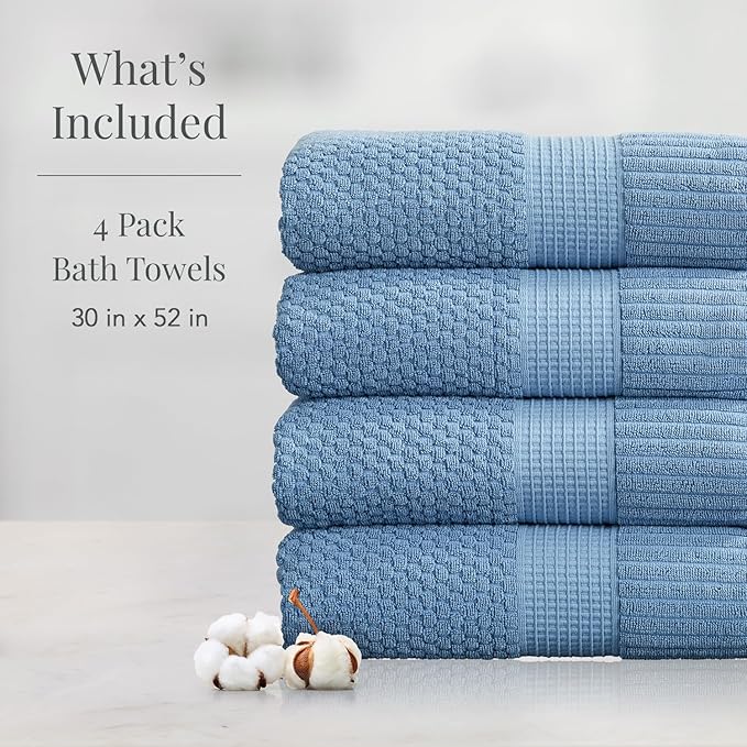 NY Loft 100% Cotton Bath Towel 4 Pack | Super Soft & Absorbent Quick-Dry Bath