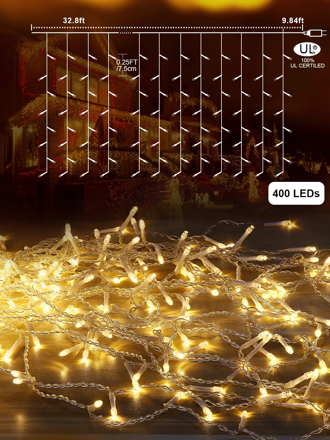 ROSCOO 32.8FT Icicle Lights, Christmas Outdoor with 400LED 75 Drops, IP65 Waterproof Eaves Lights, 8 Modes, for Christmas Eaves Garden Room Decoration Warm White