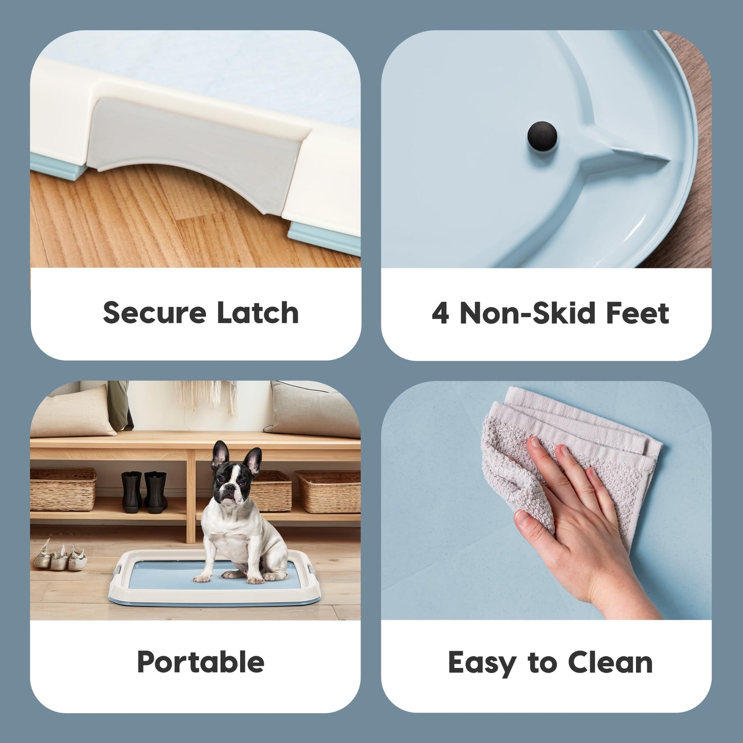 IRIS USA Pee Pad Holder - For Small Sized Dog and Puppy Pee Pads, Secured Latches, Non-Skid Feet, High Polish Finish for Easy Cleaning, Leak Protection, Fits 17"x23" Pad, Blue