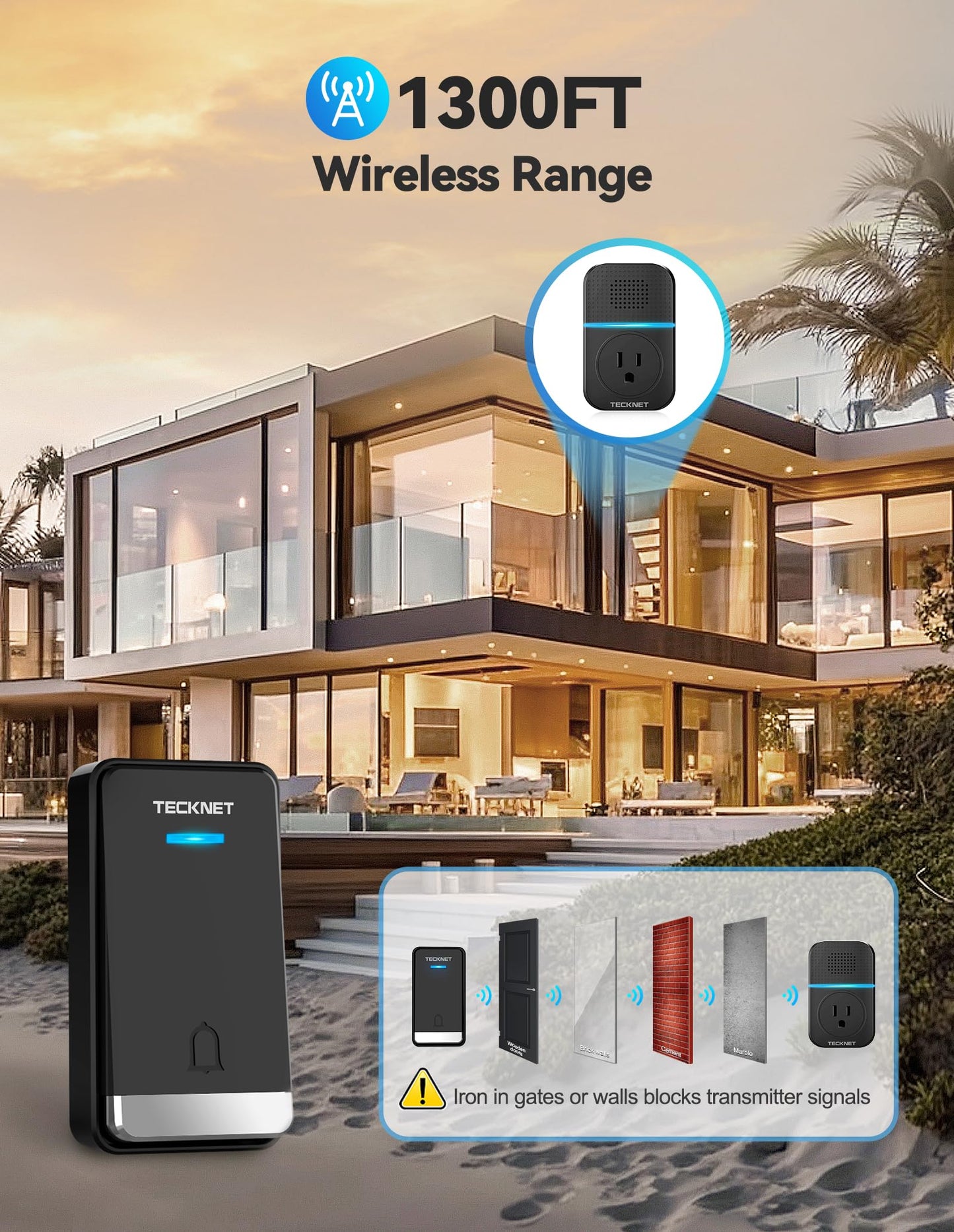 TECKNET Wireless Doorbell, Self-Powered Doorbell, 0-110db Plug-through Wireless Doorbell Ringer for Homes Classroom, IP66 Waterproof 1300ft Door Chime with Extra Socket, 60 Chimes, LED Light (White)