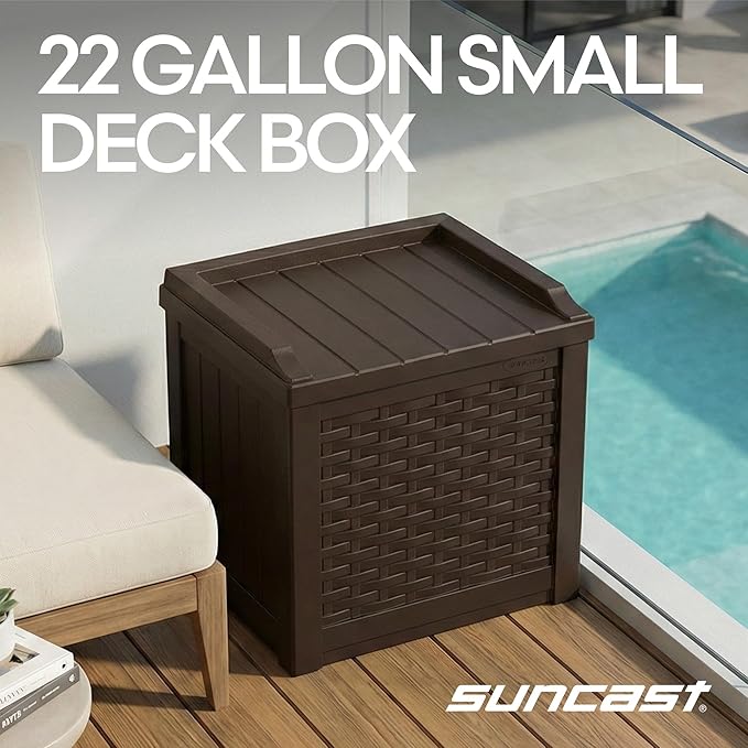 Suncast Outdoor Deck Box - 22 Gallon Java Resin Outdoor Storage Box, Weatherproof Patio Storage Bin Container for Seating & Organizing Cushions, Tools & Towels for Pool, Yard, & Garden