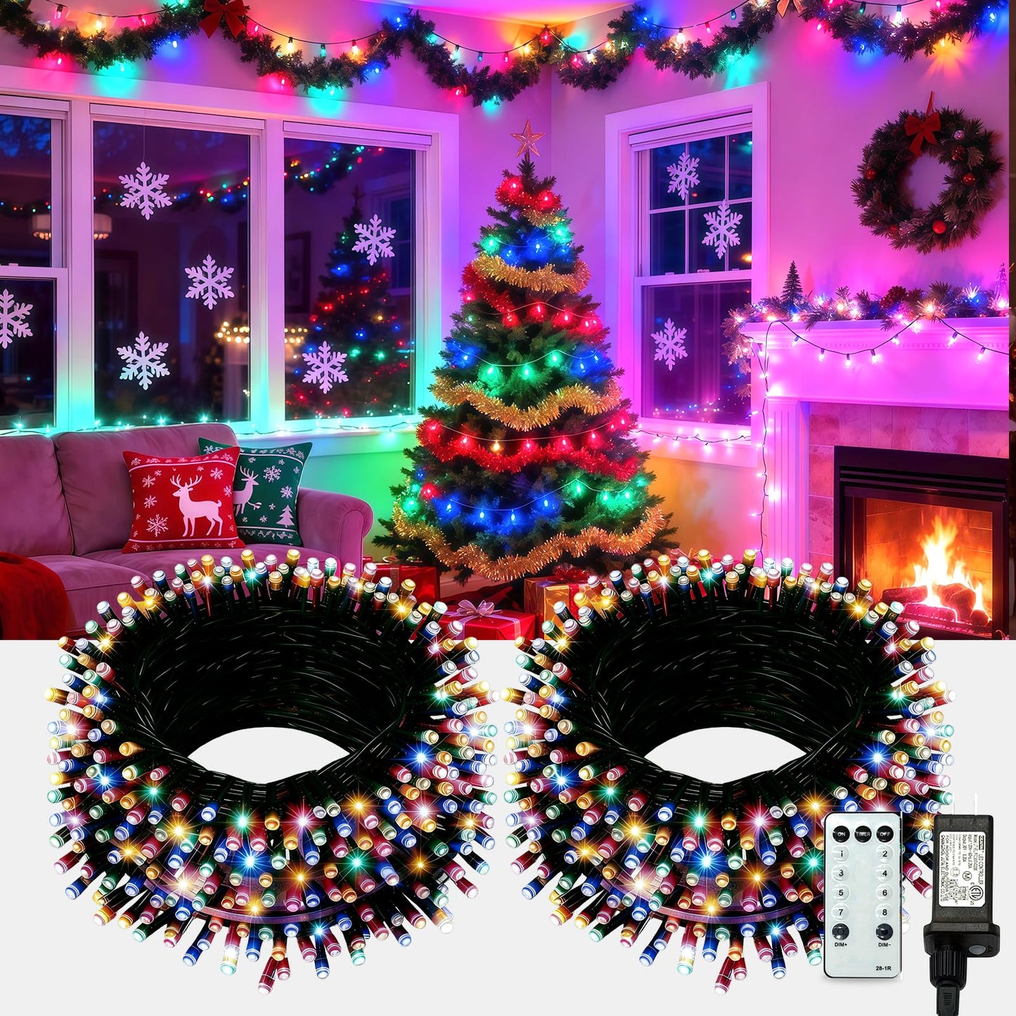 AHAWILL String Lights for Christmas Decor,LED RGB Classroom Lights, Waterproof Fairy Lights Indoor for Christmas Decor,Dimmable,8 Modes,Valentine's Day Home Decorations (83ft)