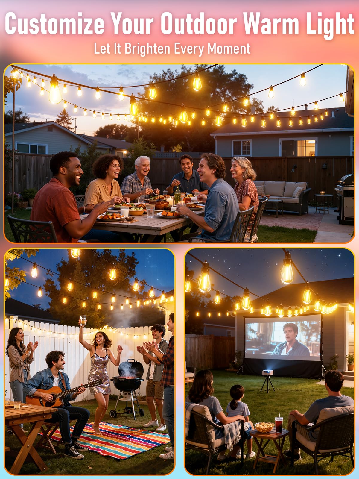 Jerritte 60FT LED Outdoor String Lights with 16+1 Edison Shatterproof IP65 Waterproof Bulbs, 2700K Dimmable Commercial Grade Patio Lights for Garden, Porch, Deck Decor