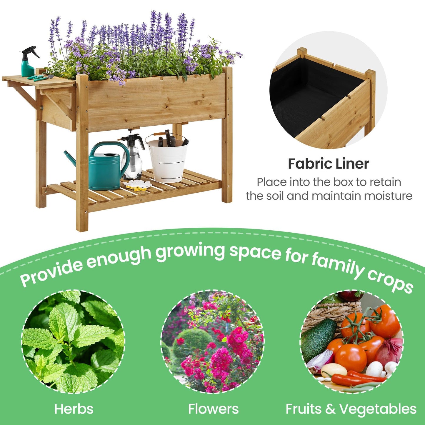 Yaheetech 49x22x32in 8 Pockets Horticulture Raised Garden Bed Elevated Wood Planter Box Stand with Foldable Side Table and Storage Shelf for Herb/Vegetables/Flowers, Light Brown