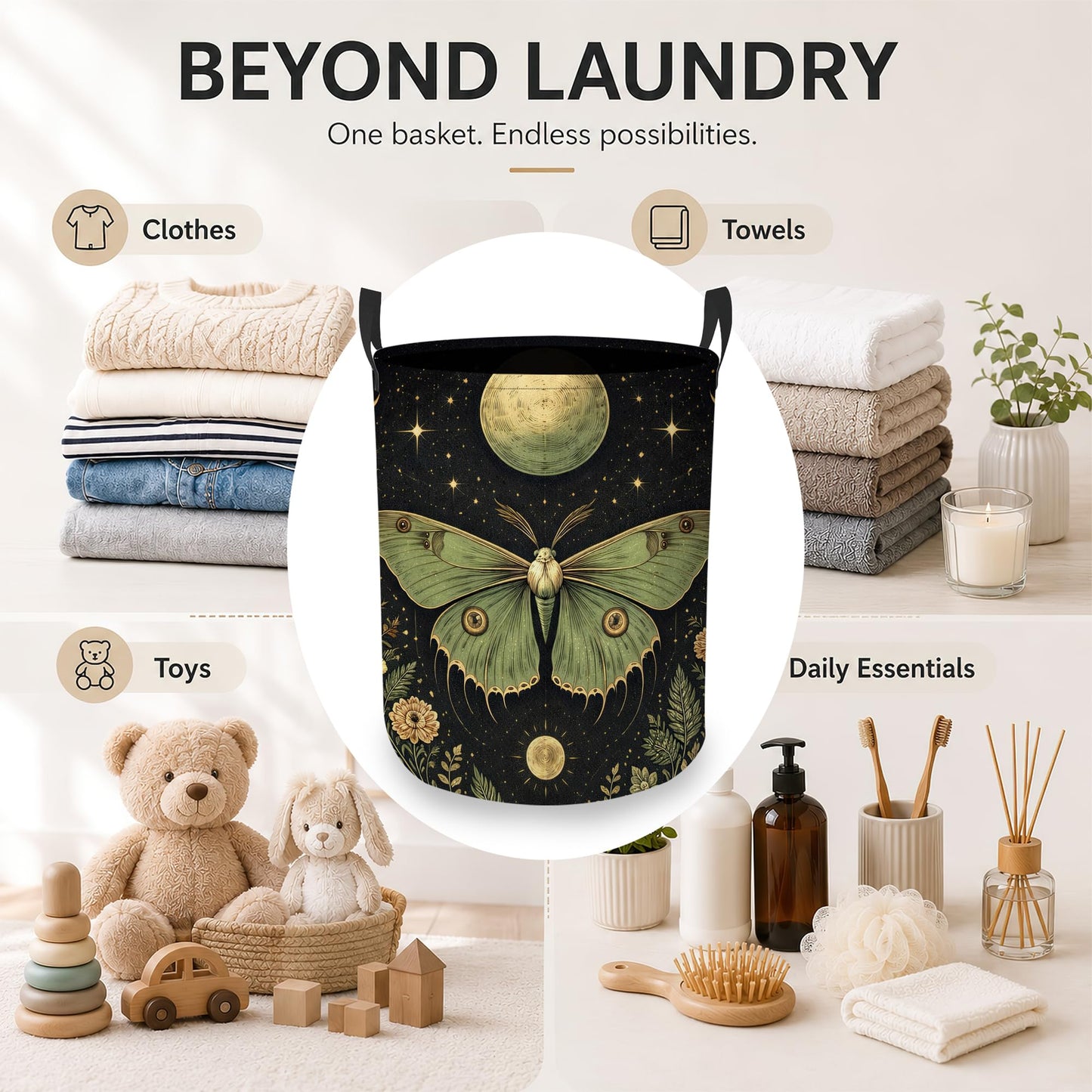 Boho Moon Moth Laundry Basket, Foldable Oxford Cloth Floral Crescent Laundry Hamper with Handles, Tote Bag Clothes Storage Bucket for Laundry Room/Bathroom/Bedroom/Dormitories 20.8"x16"
