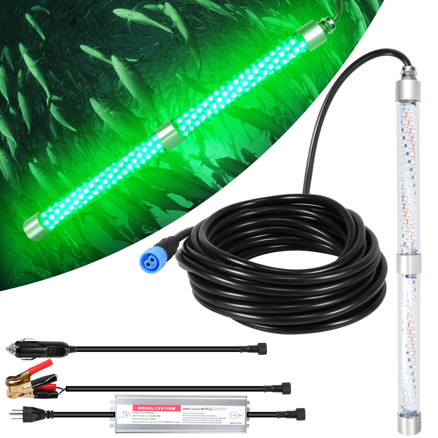 HUSUKU FS0-2 LED Underwater Fishing Light, 12V & 110V, 200W 20,000LM Super Bright, 16inch 16.4ft Cable, IP68 Submersible, Green Fish Attractor Lamp for Snook Crappie Squid Shrimp Night Fishing