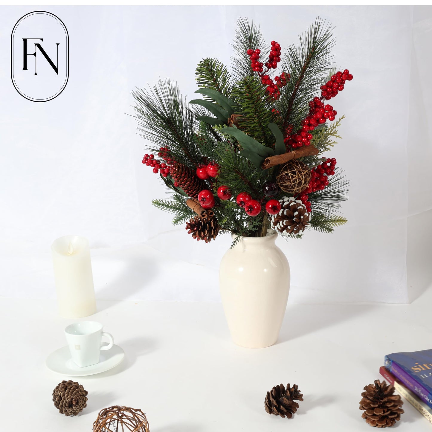 FLORANET 6Pcs（22“&17”） Christmas Red Berry,Pinecone,Cinnamons Pick,Pine Branch Mix Stem for Christmas Tree Wreath Floral Arrangement Vase Winter Holiday Décor