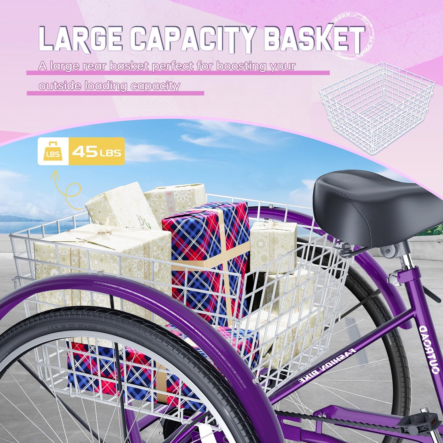 MarKnig Adult Tricycle, 26 Inch 3 Wheel Bikes with Large Basket, Cruiser Bike for Women/Men/Seniors, Adult Trike for Outdoor/Shopping/Recreation/Picnic (Purple)