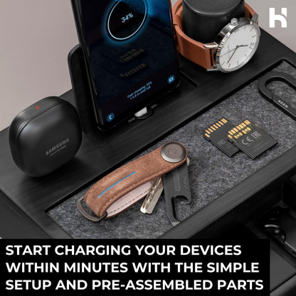 Holme & Hadfield Premium Wooden Phone Docking Station with Drawer – Nightstand Organizer for Charging Phone & Earbuds – Declutter Your Space with Felt-Lined Protection & Watch Pillar – Gift For Men