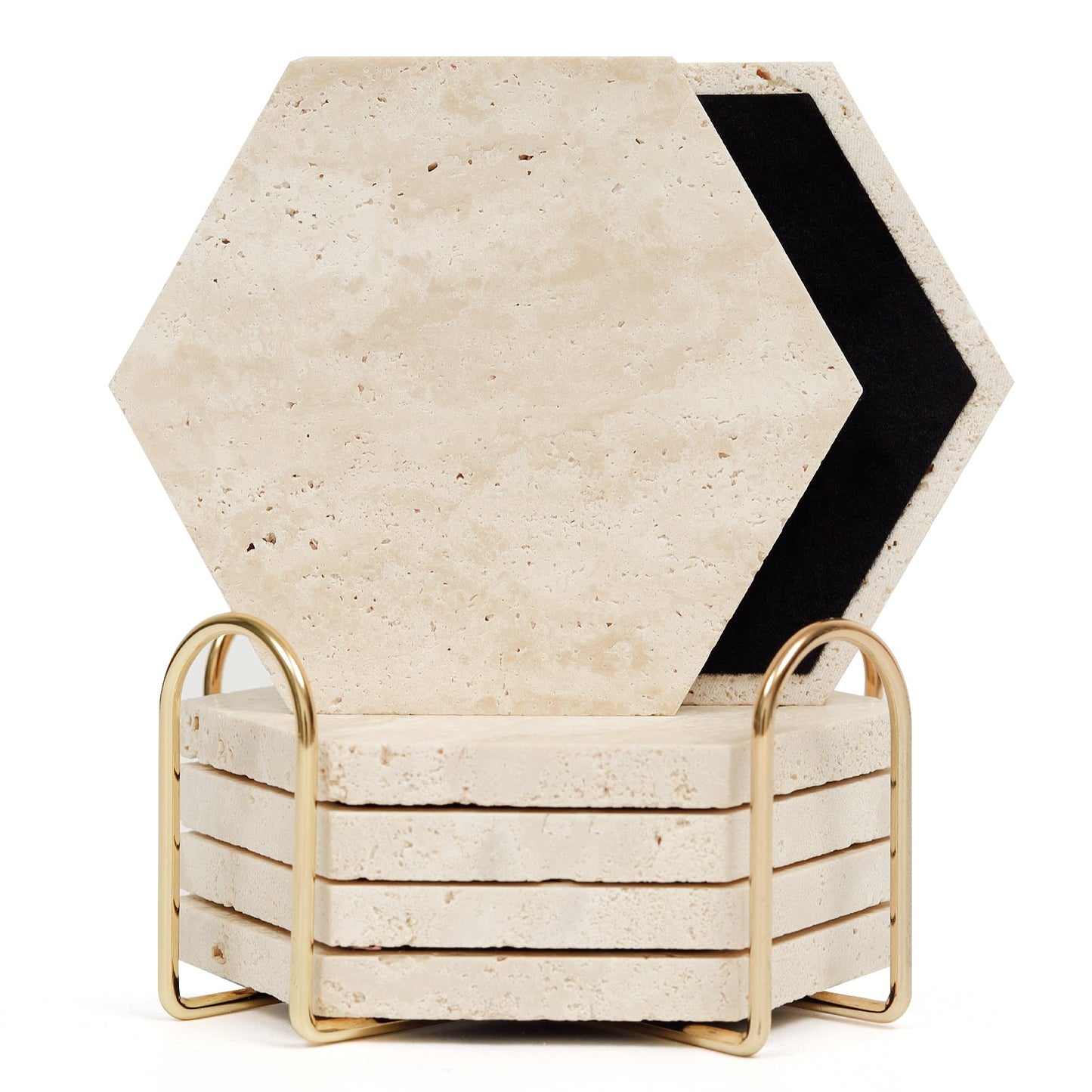 YONGHEE Travertine Coasters Set of 6 with Holder, Hexagonal Rustic Farmhouse Beige Marble Drink Coasters for Coffee Table Decor, Porous Stone Absorbent Coaster for Drinks, Velvet Backed