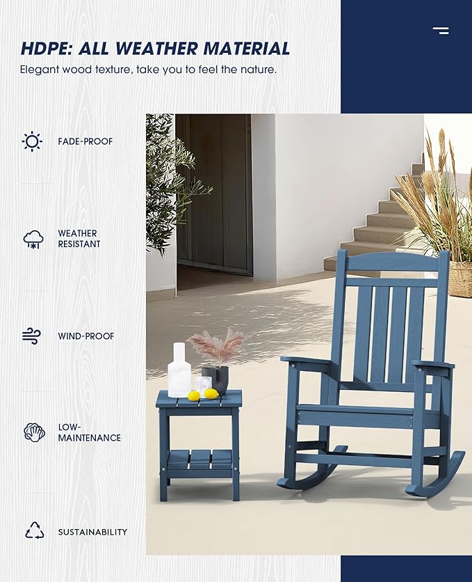 KINGYES HDPE Outdoor Rocking Chair, Widened Seat Patio Rocking Chair, Oversized All Weather Patio Rocker, Navy