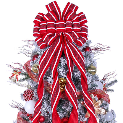 Christmas Tree Topper Bow Large Red Christmas Wreath Bow Tree Topper, Flocking Fabric with White Raw Edge Gift Bows for Xmas Ornament Holiday Home Thanksgiving Indoor/Outdoor Decor 52x13 Inches