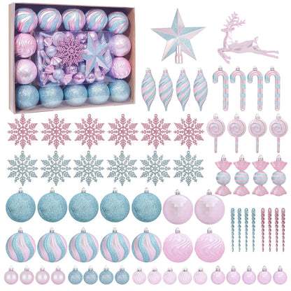 70PCS Christmas Balls Ornaments Set, Shatterproof Xmas Tree Decorations Kit with Balls, Snowflakes, Candy Canes, Star Topper, Reindeer & Hanging Baubles for Holiday Party Decor (Silver & Pink)