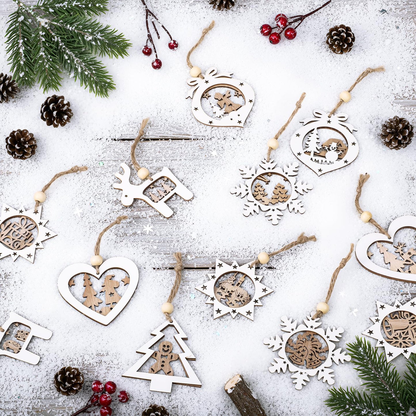 Thyle 24 Pcs Wooden Christmas Tree Ornaments Set 3D Rustic Farmhouse Hanging Christmas Tree Decorations for Winter Xmas Gift Party Office Holiday Decor