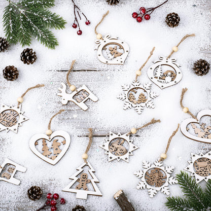 Thyle 24 Pcs Wooden Christmas Tree Ornaments Set 3D Rustic Farmhouse Hanging Christmas Tree Decorations for Winter Xmas Gift Party Office Holiday Decor