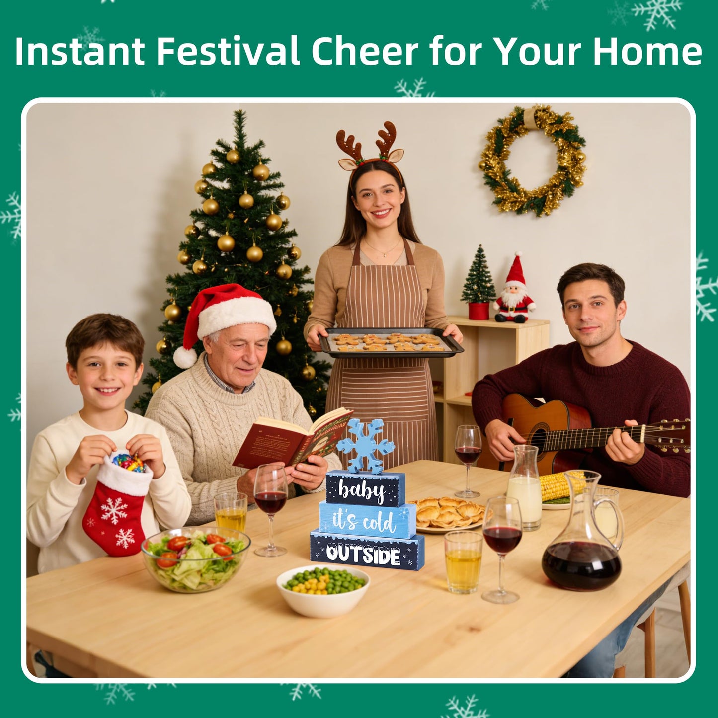 4 Pcs Christmas Wooden Tiered Tray Decor, Snowflake Baby It's Cold Outside Christmas Decorations Gifts for Home, Winter Table Centerpiece for Xmas Party Kitchen Office