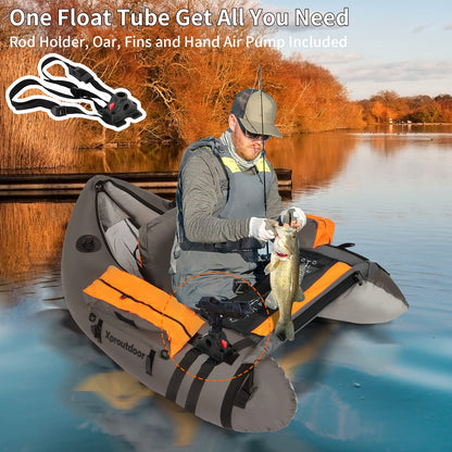 Xproutdoor Fishing Float Tube with Adjustable Backpack Straps, Storage Pockets, Fish Ruler, Fly Fishing Boat with Pump, Oar, Rod Holder and Mount, Fins, 350LBS Load Bearing Capacity, FT003,Grey