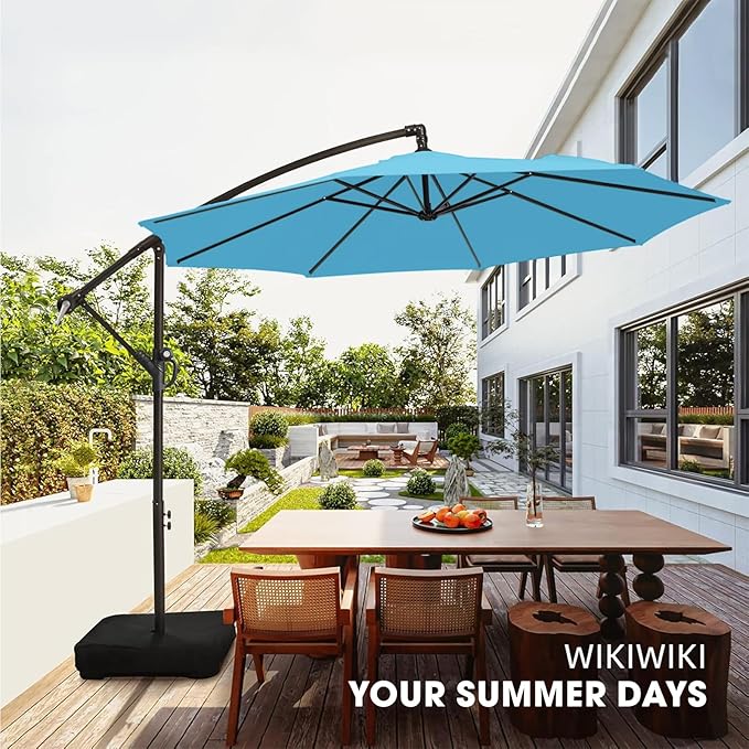wikiwiki 10ft Patio Umbrella with Base Included, Outdoor Offset Cantilever Umbrella with Sandbag Base for Backyard, Garden and Pool, Easy to Tilt and Crank, Sky Blue