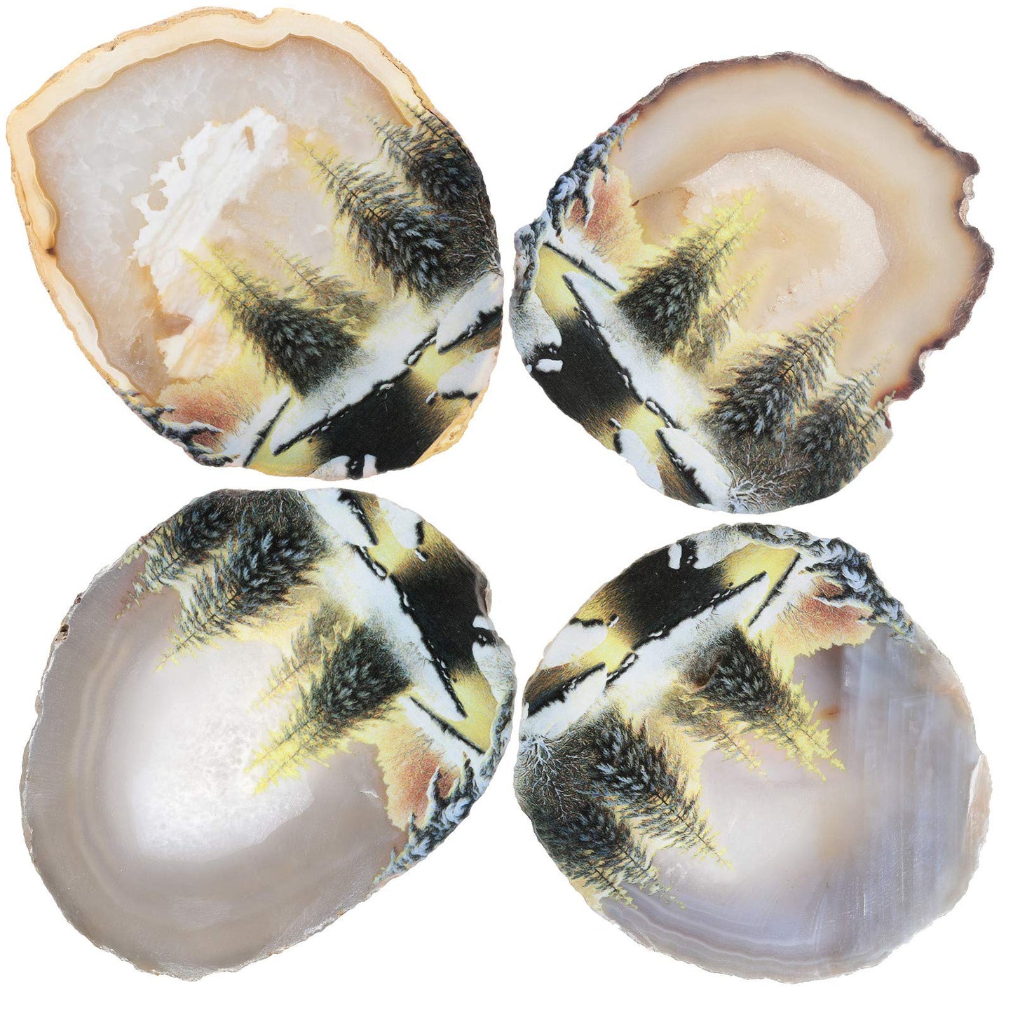 mookaitedecor Natural Agate Slice Art Print Forest Pattern Table Display with Wooden Stand, Irregular Agate Geode Stone Figurine for Office & Home Decoration