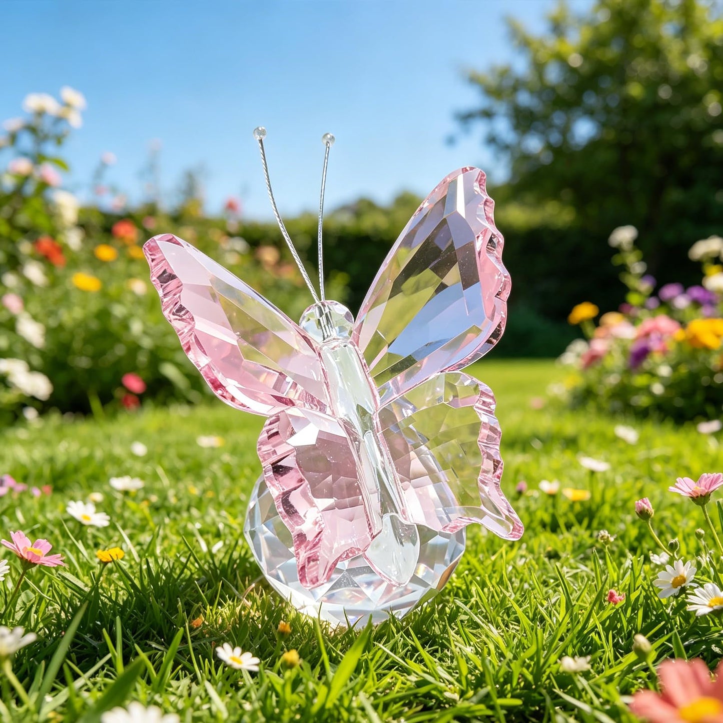 MysticGlitz Pink K9 Crystal Butterfly Figurine with Faceted Base, 2.4×1.8in Decor Paperweight Ornament, Collectible Glass Butterfly Statue, Home Decor & Gift for Women Butterfly Lovers