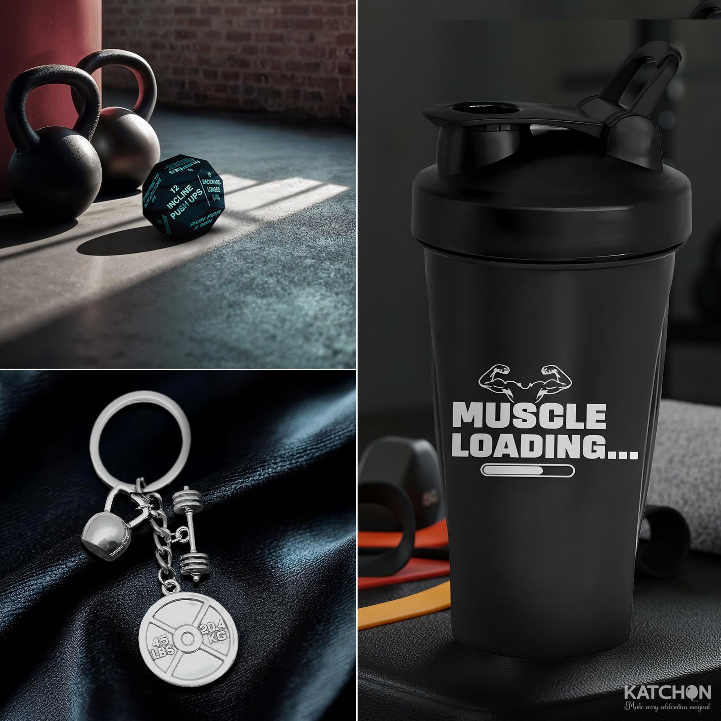 KatchOn, Fitness Gift Set – Pack of 4 | Gym Accessories for Men, with Exercise Dice | Valentine Gifts for Him | Workout Gifts for Men, Pre Workout Shaker, Dice and Dumble Keychains