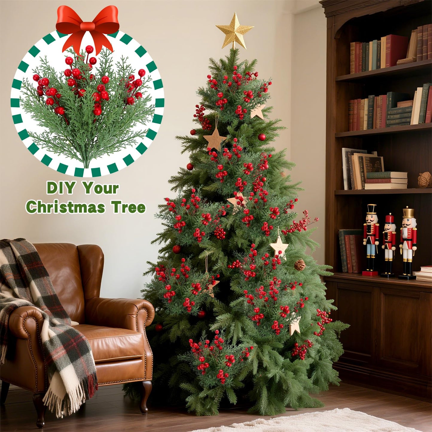 ICEROYCE 4 Bundles 140 Pcs Artificial Christmas Flowers with Red Berry Stems, Fake Norfolk Pine Garland Branches for Winter Decor, Faux Christmas Garland Tree Picks and DIY Crafts (Pine Foliage)