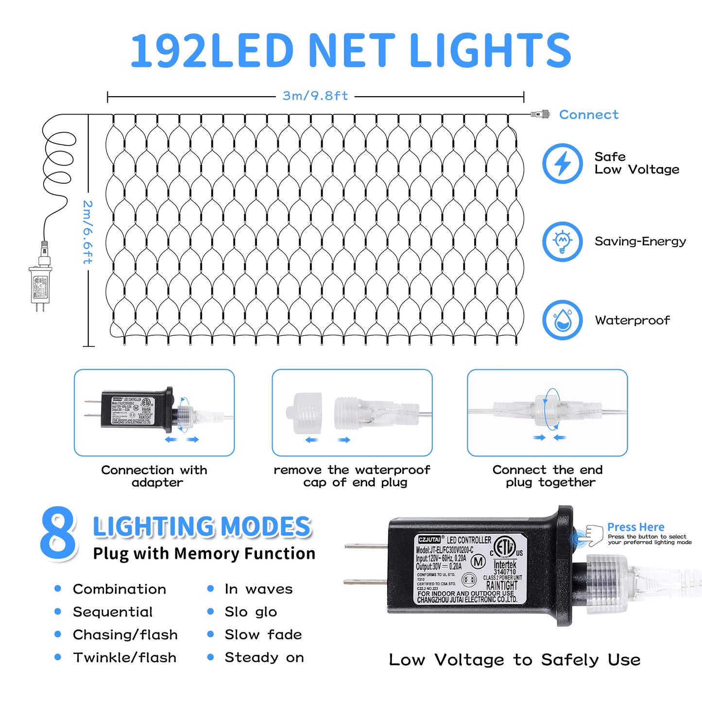 HEYFUNi 192 LED Net Lights Outdoor Mesh Lights,8 Modes Net Light for Bushes Plug in, Waterproof Christmas Net String Light for Bushes Ceiling Wedding Indoor Outdoor(9.8ft x 6.6ft,Blue White)