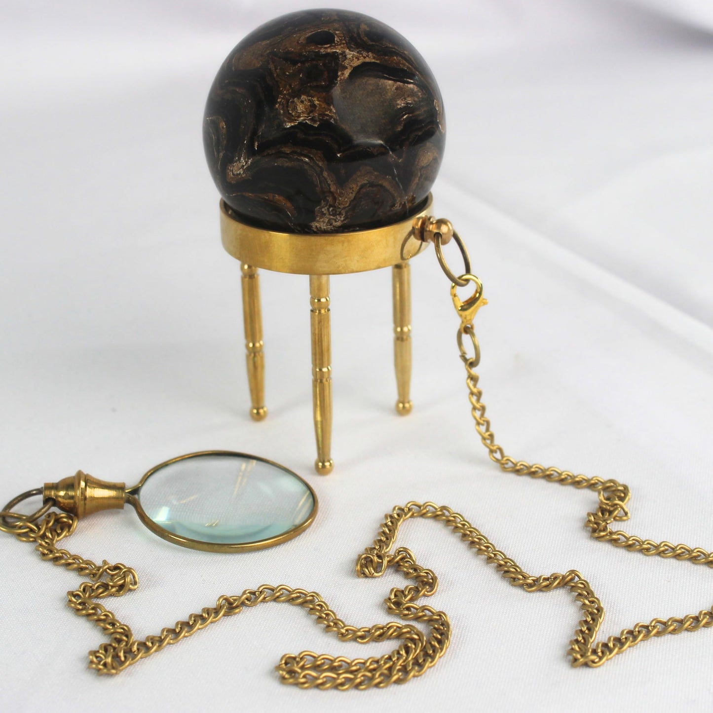 Natural Stromatolite Sphere with Brass Stand & Magnifying Glass Ancient Stone Crystal Ball for Healing, Meditation, Home Décor & Collector’s Gift