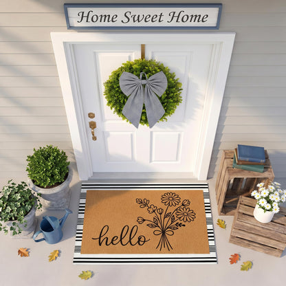 Britimes 3 Pcs Floral Hello Front Door Mat and Wreath Set Faux Coir Doormat Black and White Striped Layering Rug and 19" Greenery Wreath with Bow Outside Decor for Porch