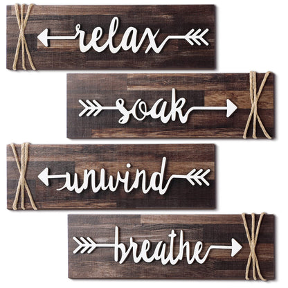 Jetec 4-Piece Farmhouse Rustic Bathroom Wall Art: Soak, Relax, Unwind, Breathe - Brown Wooden Signs with Arrows - Bathroom Decor
