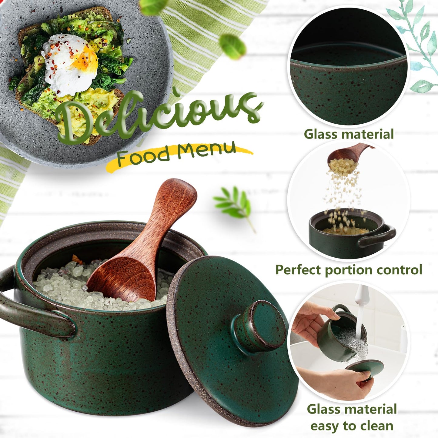 Honeydak 1 Set Speckled Ceramic Salt Cellar with Lid and Wooden Spoon, Rustic Farmhouse Salt Pepper Cellar Holder for Mothers Day, Housewarming Gift, Heavyweight Spices Jar (Green)