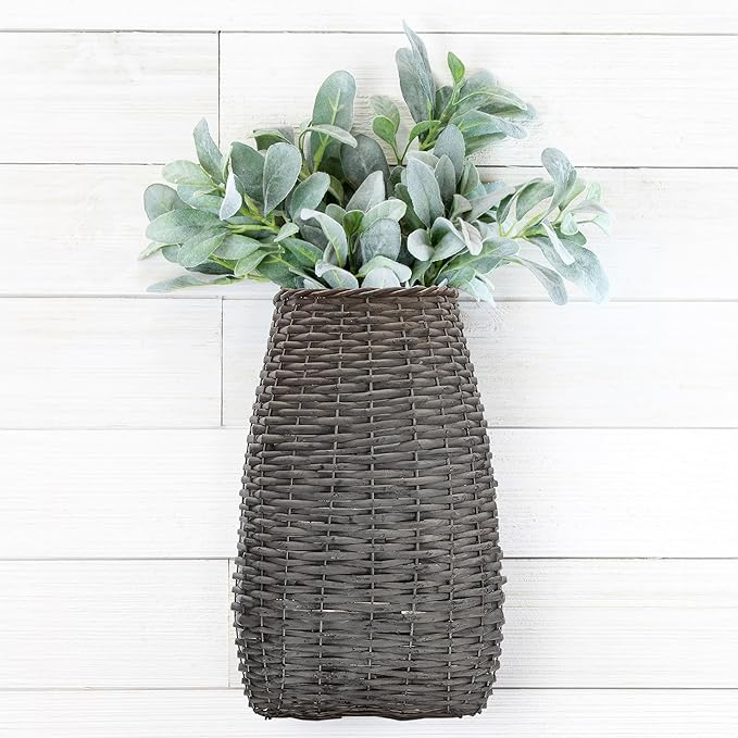 AuldHome Design Wall Hanging Pocket Basket; Woven Wicker Rustic Farmhouse Gray